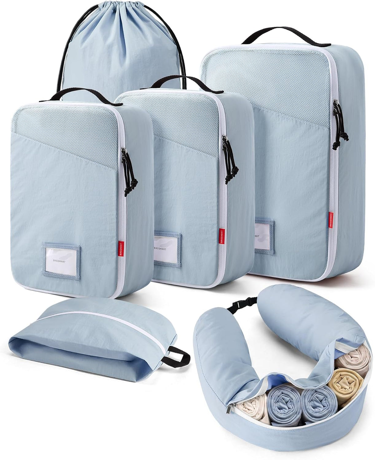 BAGSMART 6 Set Packing Cubes for Travel with Fillable Neck Pillow, Shoe Bag