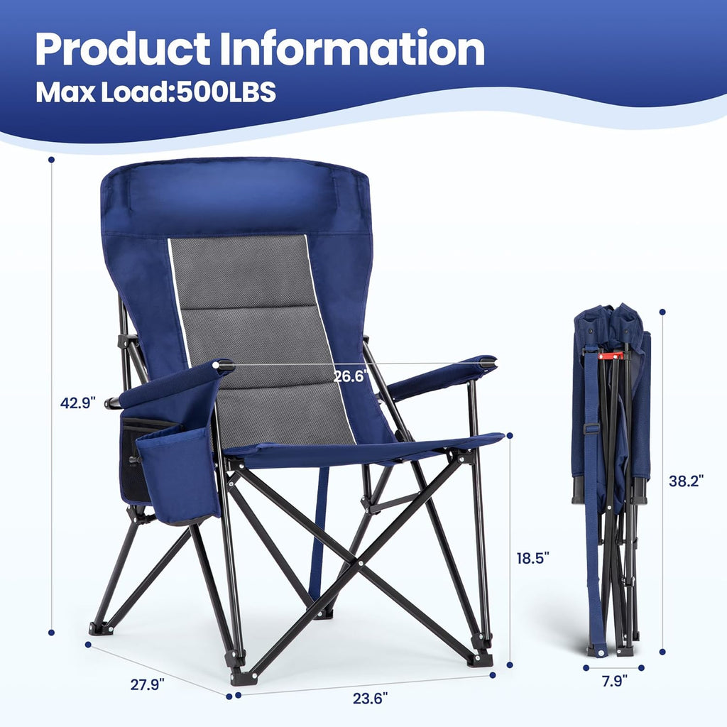 High Back Oversized Camping Chairs for Adults Support 500LBS Blue