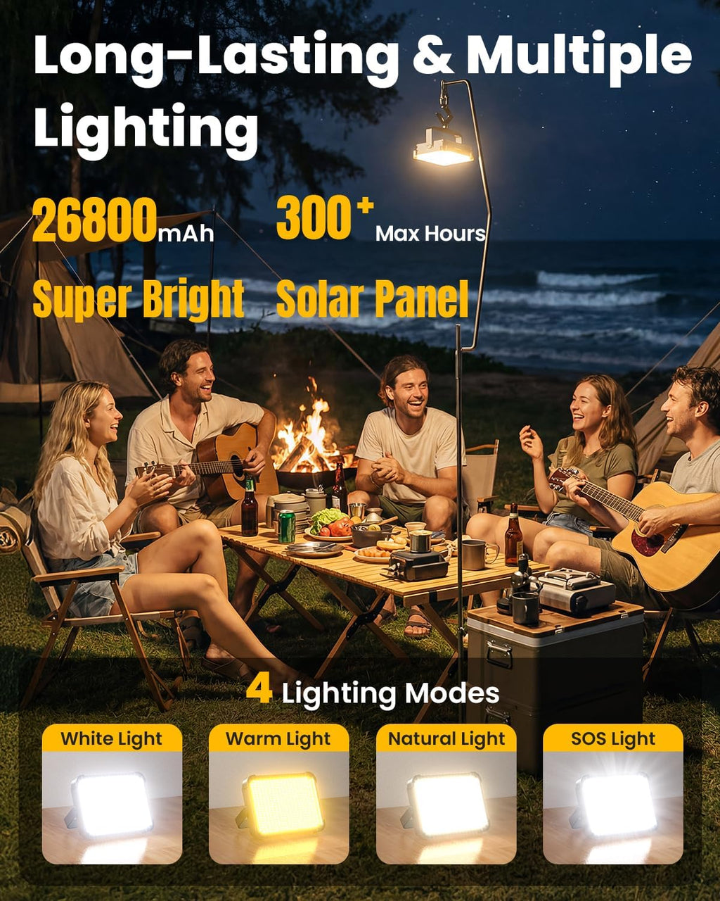 Solar Camping Lantern, 26800mAh Ultra Long Lasting Rechargeable LED Lantern with 4 Light Modes, IP65 Waterproof Portable Tent Light for Power Outage, Emergency, Hiking, Camping Essentials