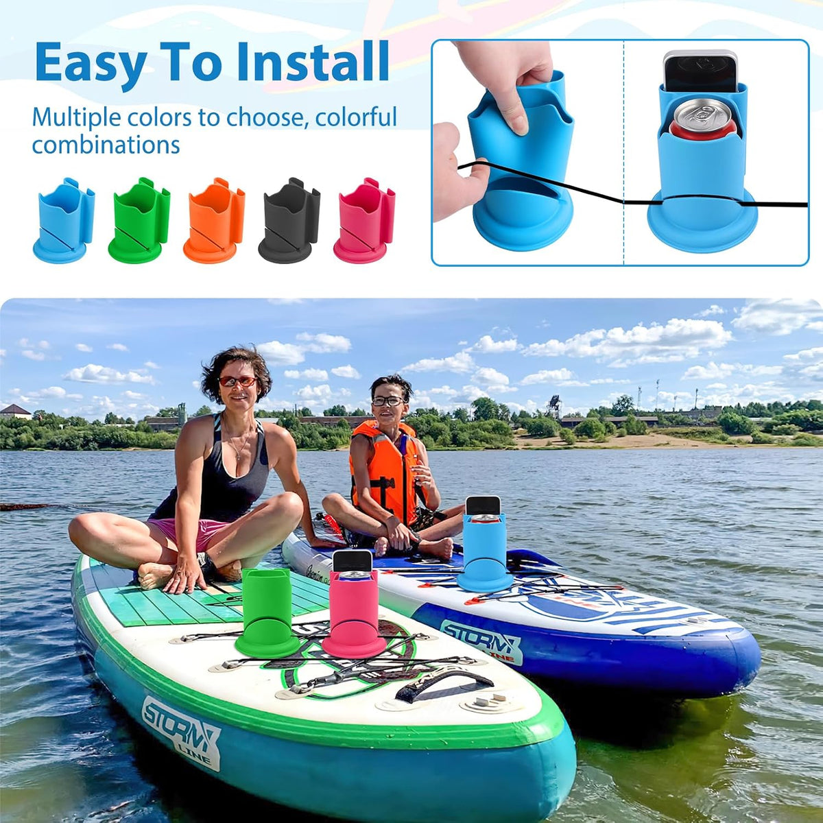 Paddleboard Cup Holder, 2 in 1 Drink Phone Holder for Kayaks SUPs, Blue