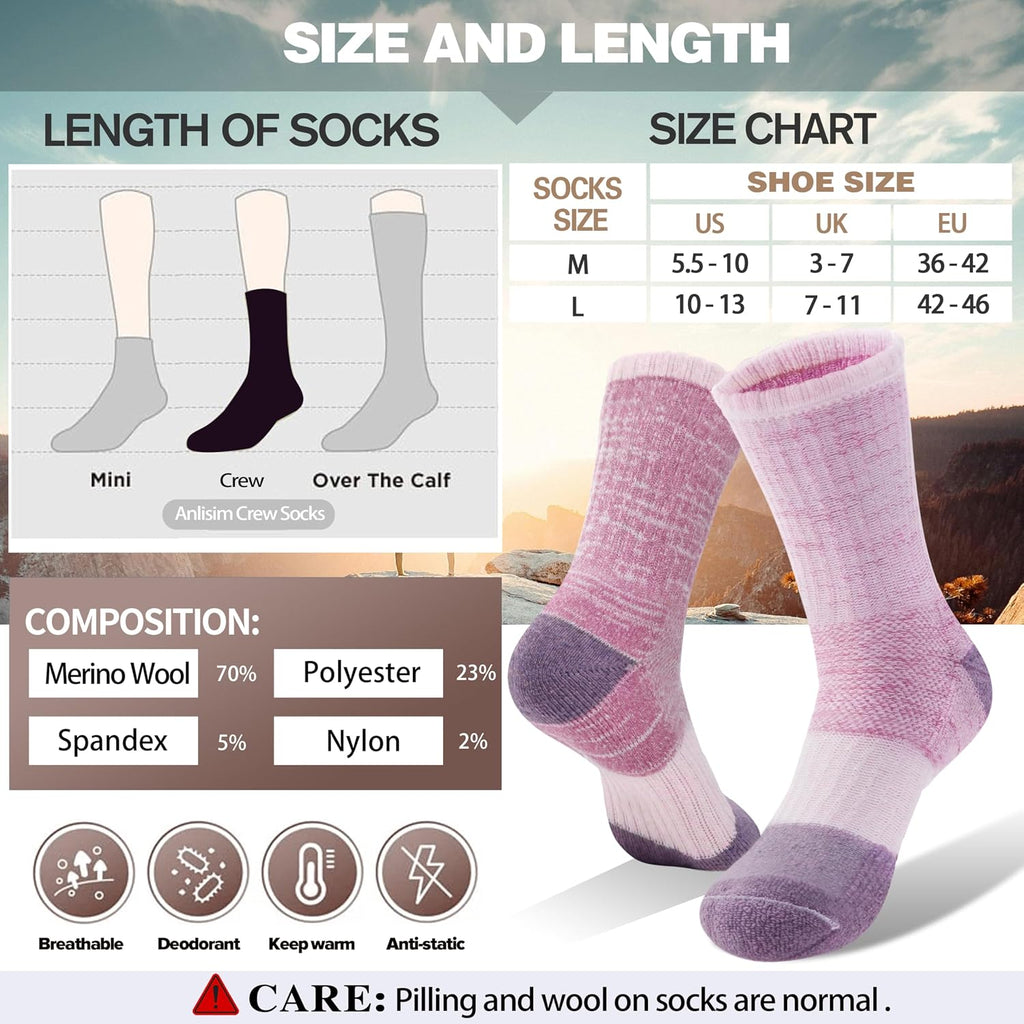 Anlisim Merino Wool Hiking Running Socks for Women, Boot Work Crew Socks