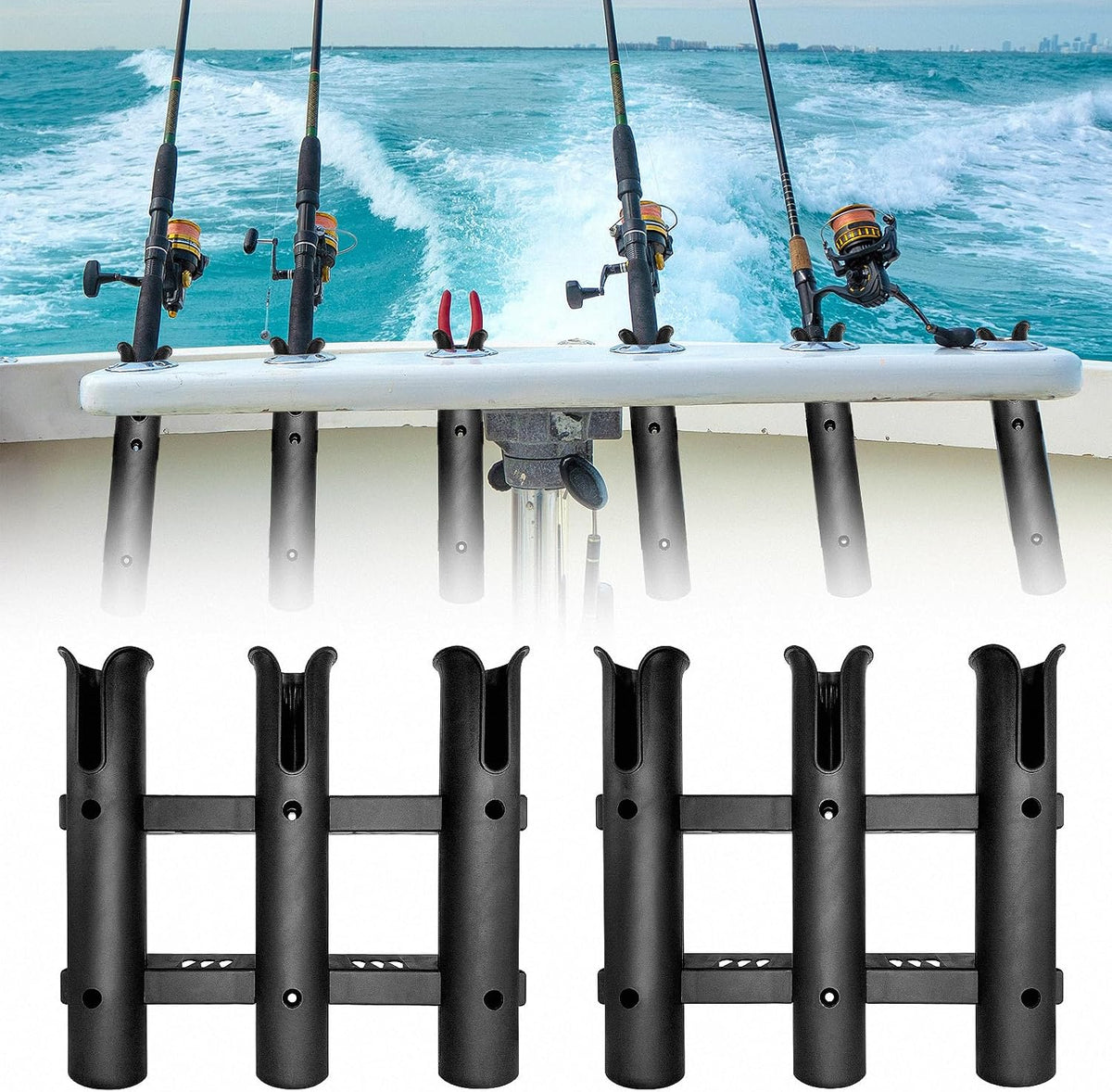 2Pcs Fishing Rod Holder Bracket Tube,3-Pole Side Mount Rod Holder with Screws Portable Boat Rod Rack Tube for Garage Wall Mounted Fishing Boat Golf Cart Cooler ATV Trailer