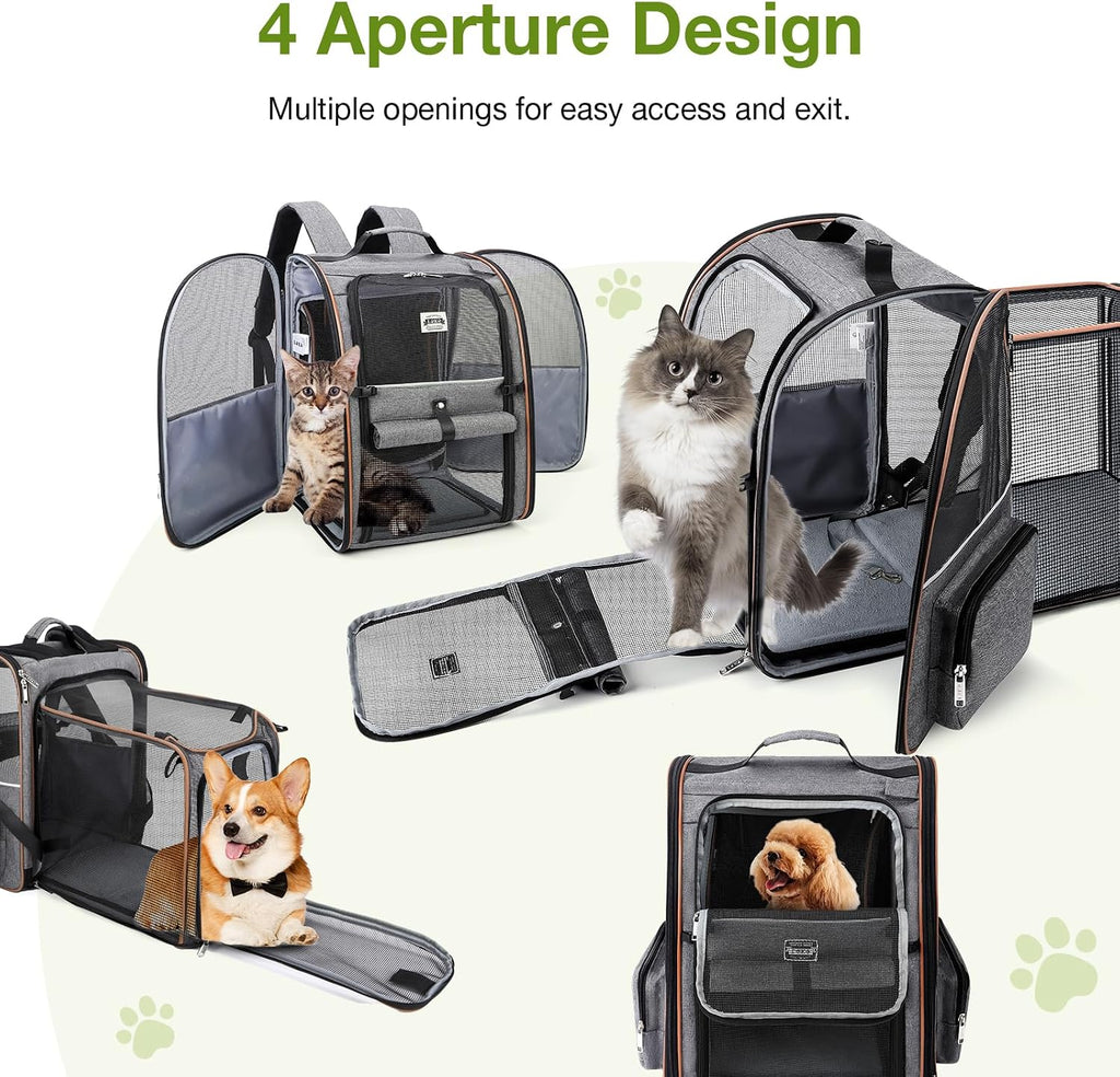 Cat Carrier Backpack, Expandable Pet Carrier with Sun Shade & Full Front Opening, Breathable Mesh Backpack for Small Dogs & Medium Cats Up to 18 Lbs, Foldable for Hiking, Camping (Grey)