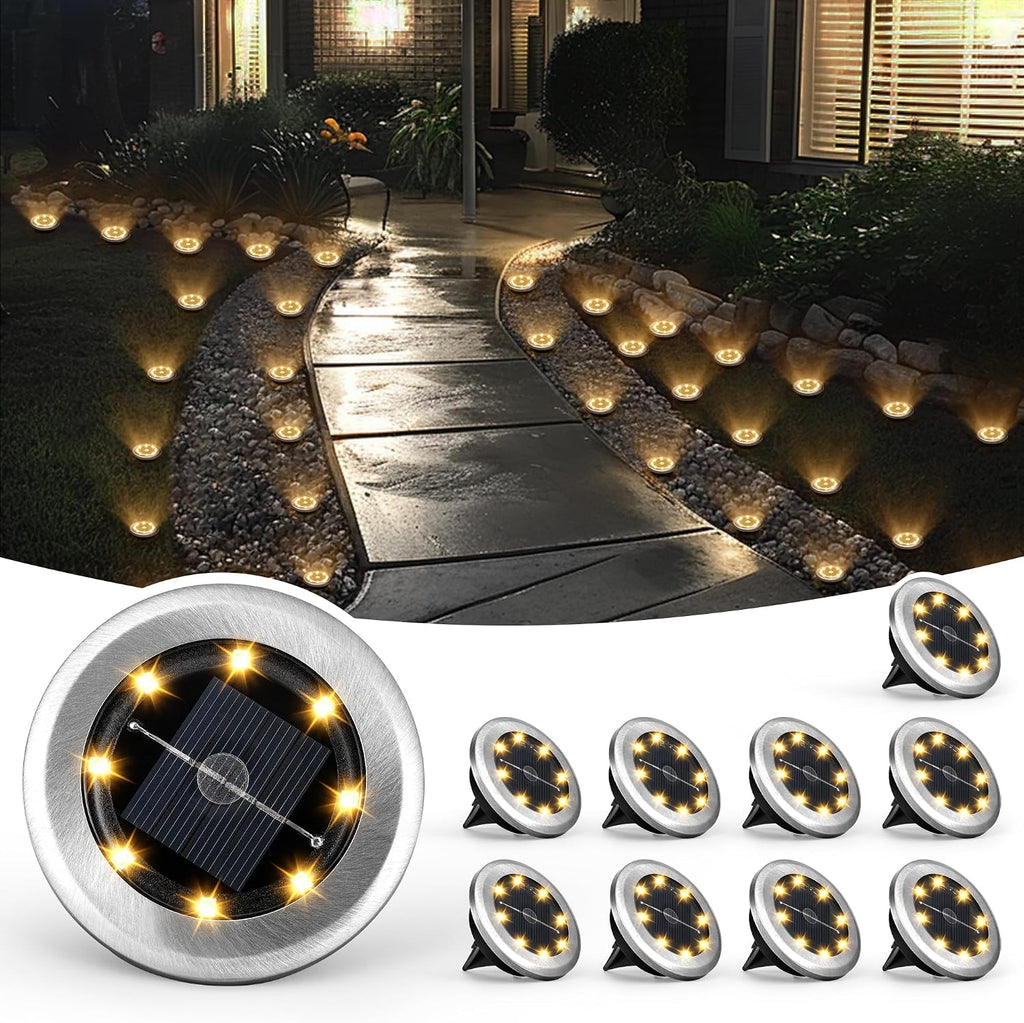 SOLPEX 10 Pack Small Solar Ground Lights, Pathway Lights Cool White | Stainless Steel Solar Powered Walkway Lights Waterproof, Landscape Lighting for Driveway, Garden, Backyard, Patio