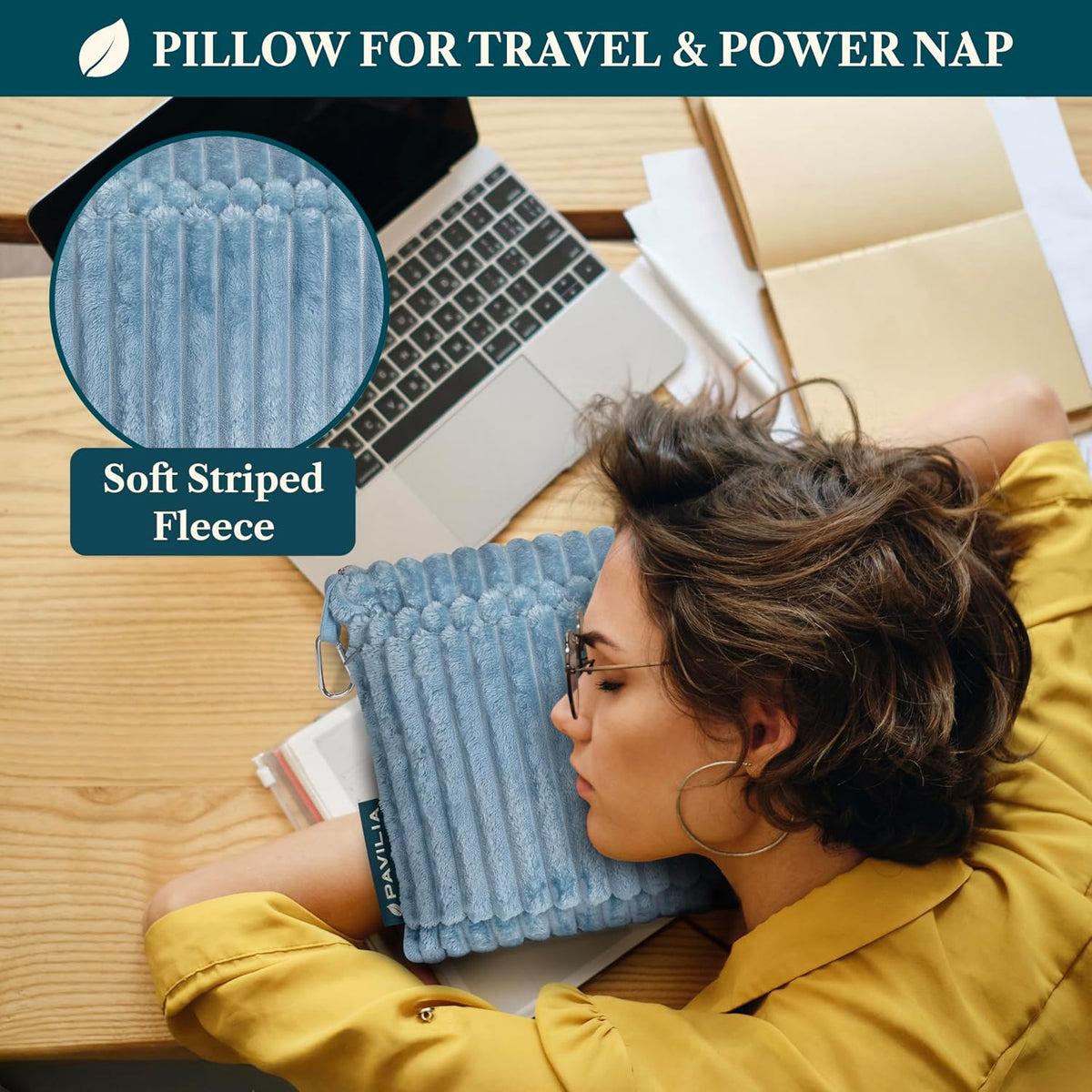 PAVILIA Travel Blanket Pillow, Soft Ribbed Fleece Airplane Blanket, Blue