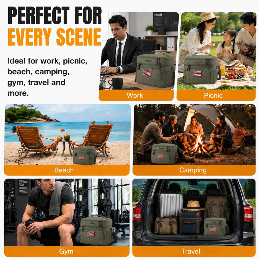Goloni Lunch Box for Men & Women, Small Cooler Soft Thermal Leakproof Bag with Shoulder Strap, Multi-Pockets for Picnic, Beach, Camping