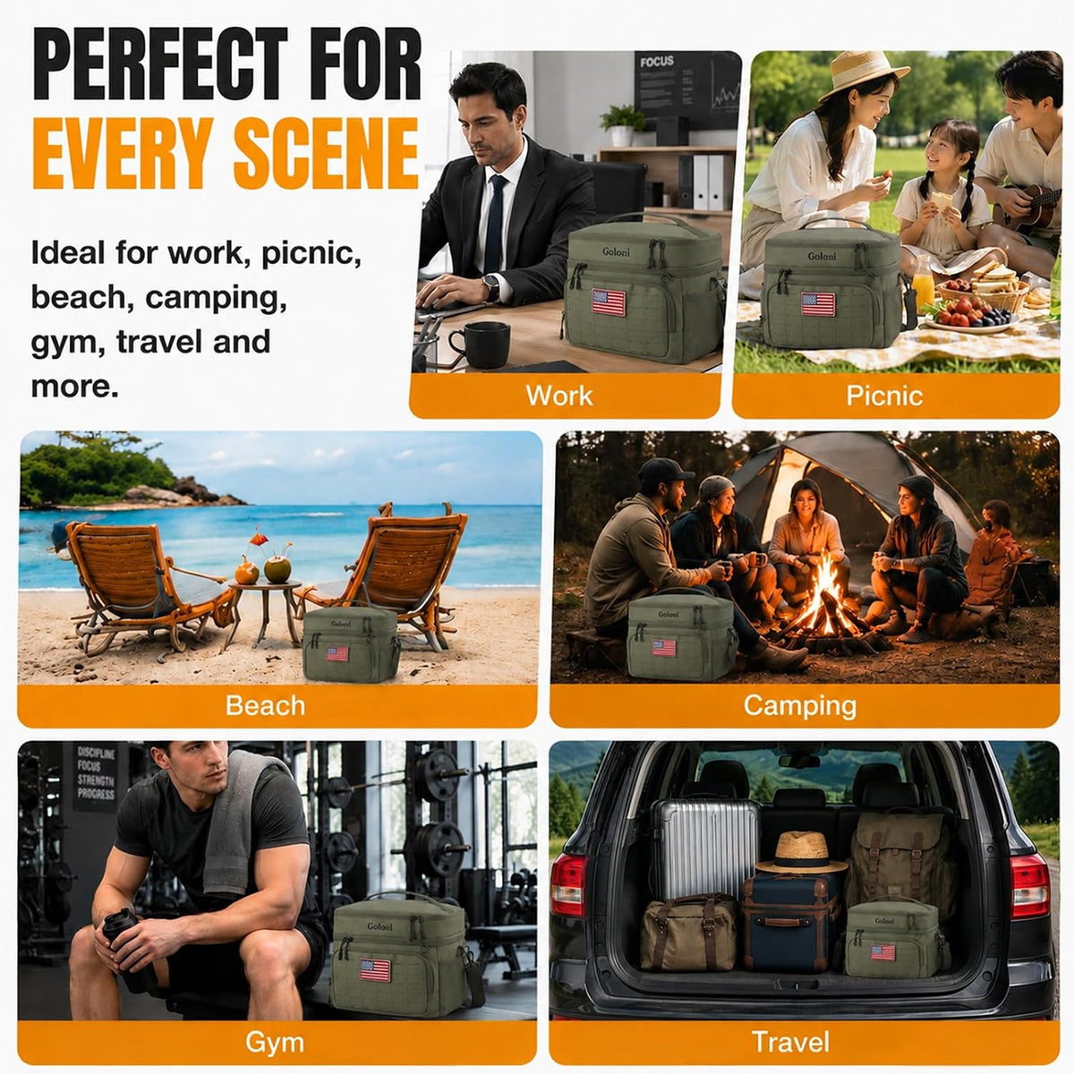 Goloni Lunch Box for Men & Women, Small Cooler Soft Thermal Leakproof Bag with Shoulder Strap, Multi-Pockets for Picnic, Beach, Camping