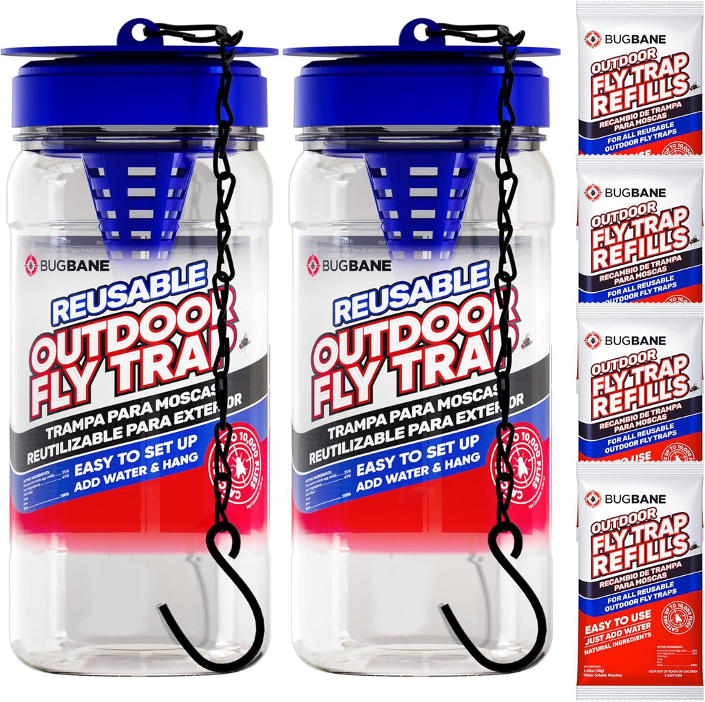 2 Fly Traps Outdoor Fly Trap for Patio with 4 Non-Toxic Dissolvable Bait Refills. Reusable Hanging Bug Catcher Killer for All Filth Flies for Outside Bug Control Yard Ranch. Hanging Chains Included.