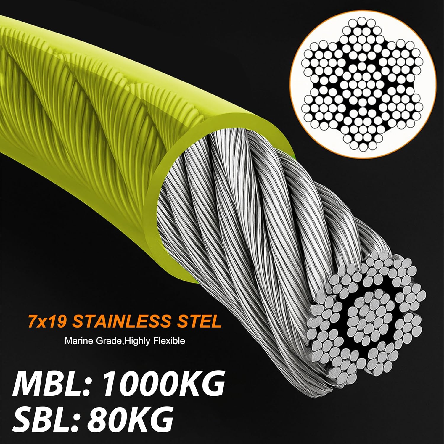 Heavy Duty Dog Tie Out Cable for Medium & Large Dogs up to 250lbs, 10/20/30/50/70/100ft Strong Steel Pet Leash for Outdoor Yard, Camping & Training (Lime Green, 20FT)