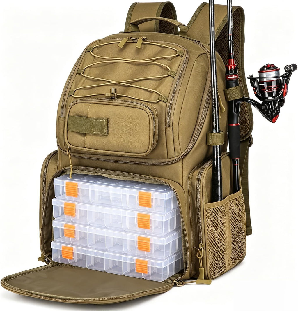 HAMBOLY 50L Fishing Backpack with Tackle Boxes, Cooler & Rod Holders