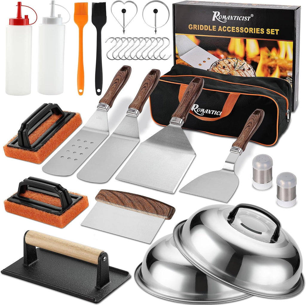 ROMANTICIST 29PCS Griddle Accessories Set - Flat Top Teppanyaki Spatula Set with Scraper, Basting Cover for Camp Chef- Home Cooking Griddle and Outdoor BBQ Gifts for Christmas