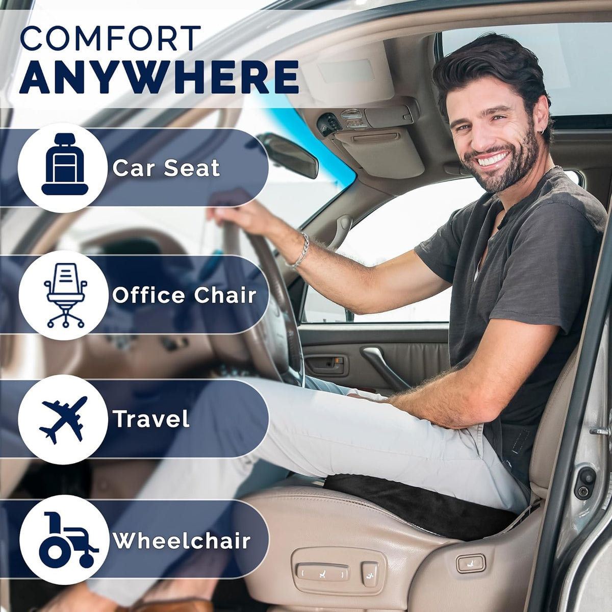 ComfiLife Car Seat Cushion – Premium Wedge Memory Foam Car Cushions for Driving – Seat Cushion for Car – Back & Sciatica Pain Relief for Long Drives – Comfort for Driver, Office, Truck Seat (Beige)