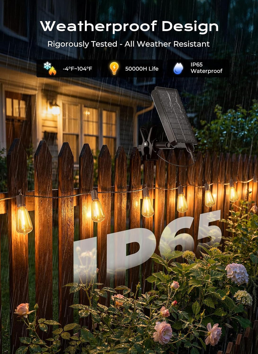 Brightown 52FT Solar String Lights Outdoor Waterproof, Up to 26Hrs Runtime