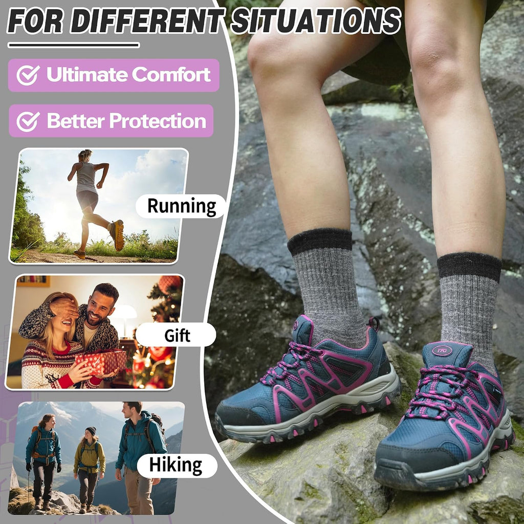 Merino Wool Hiking Socks Thermal Warm Winter Cozy Cushioned Moisture Wicking Crew Socks for Women 5 Pairs