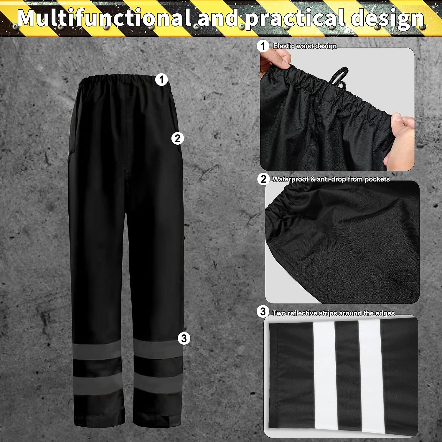 Hi-Vis Reflective Safety Rain Jacket and Pants for Men Women Waterproof Rain Gears with Inner Mesh Lining and pocket，Black 4XL/5XL