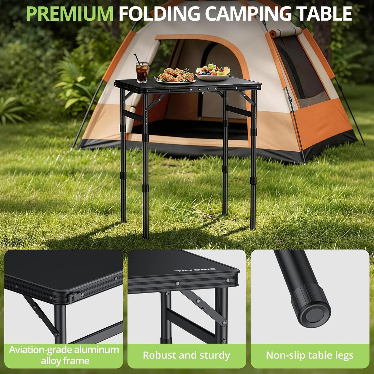 2ft Plastic Folding Camping Table, 3 Adjustable Height Waterproof Small Folding Table with Portable Carry Handle for Outdoor Indoor RV Travel Picnic Beach Patio, 22.8" X 15.7", Pure Black