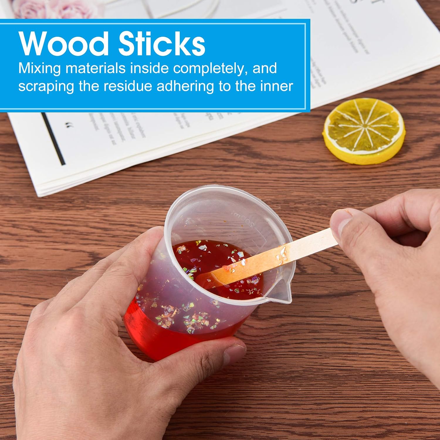 Coopay 12 Pack 200ml/6.8oz Plastic Beakers Epoxy Mixing Cups, Plastic Graduated Cups Clear Multipurpose Measuring Cups with 50 Pack Wooden Stirring Sticks for Resin, Epoxy, Stain, Mixing Paint