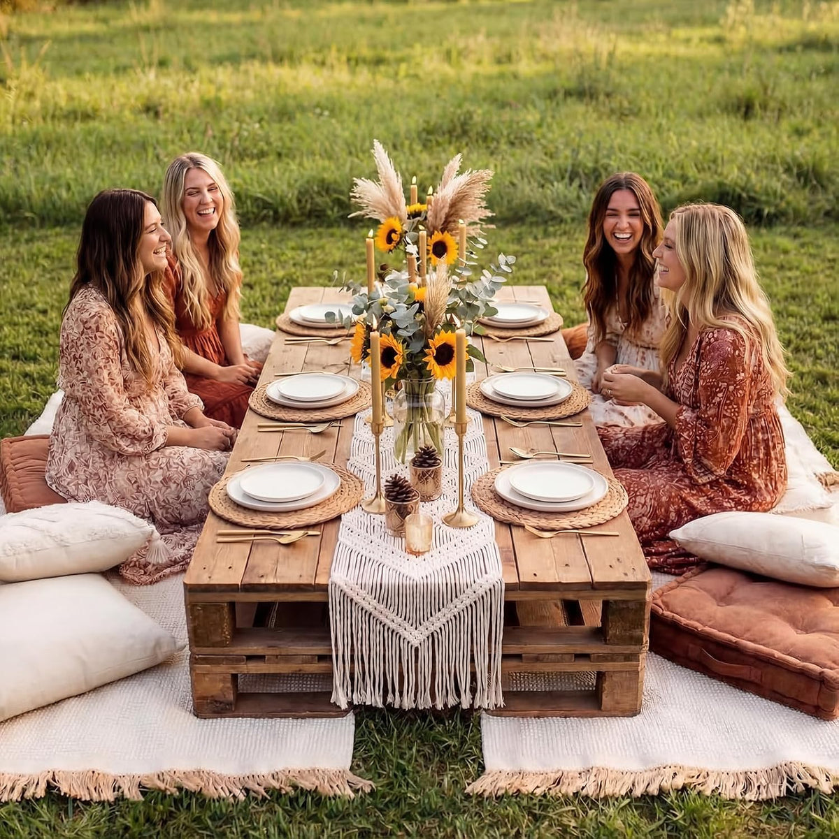 Frienda 6 Pcs Beige Large Boho Outdoor Picnic Blanket 70" x 35", Classic