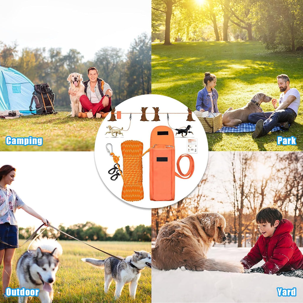 Upgraded Dog Tie Out Cable for Camping, 100FT Portable Trolley System for 2 Dogs, Knot-a-Hitch Dogs Hitching System up to 250lbs, Dog Runner for Yard Camping Training Running Hiking Outdoor