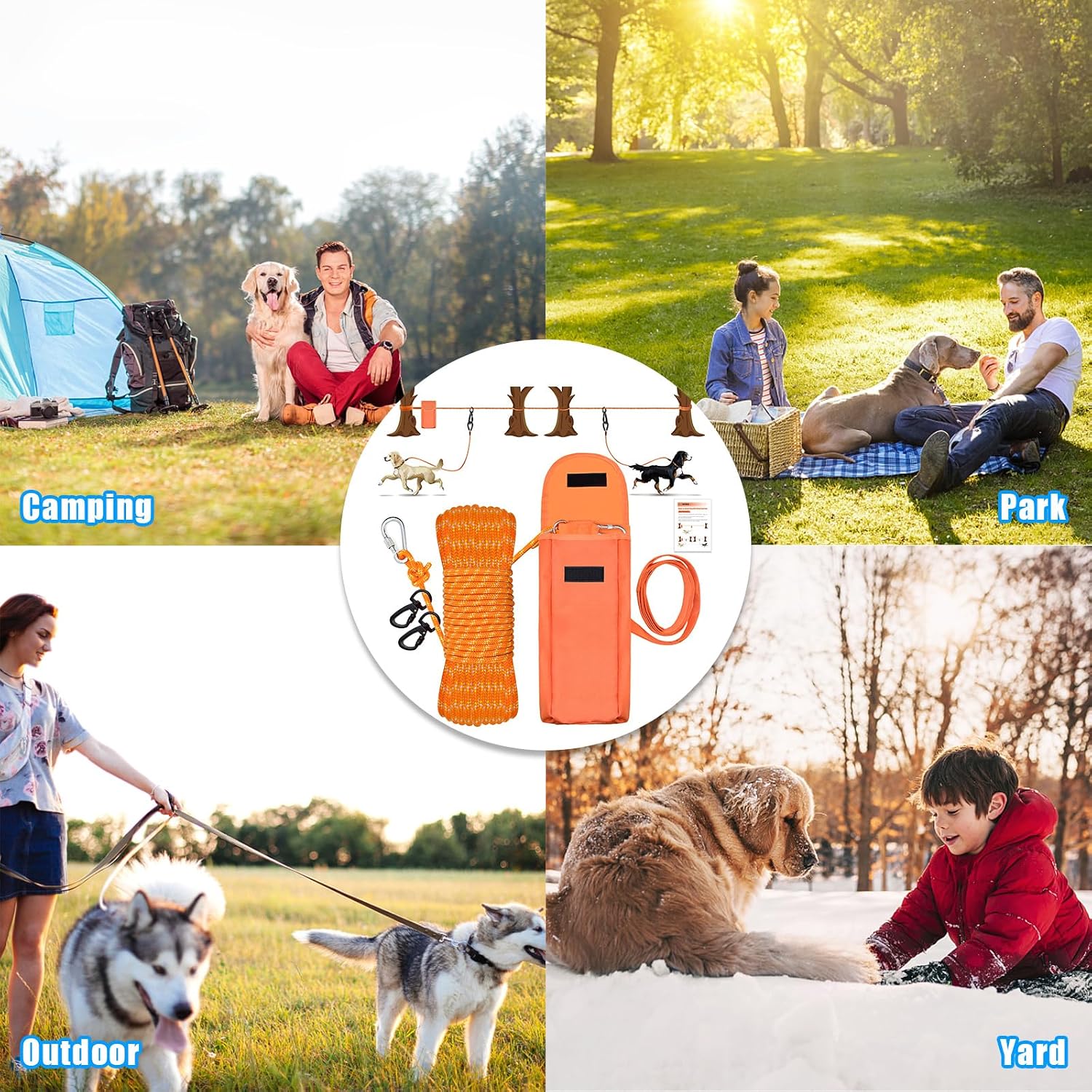 Upgraded Dog Tie Out Cable for Camping, 100FT Portable Trolley System for 2 Dogs, Knot-a-Hitch Dogs Hitching System up to 250lbs, Dog Runner for Yard Camping Training Running Hiking Outdoor