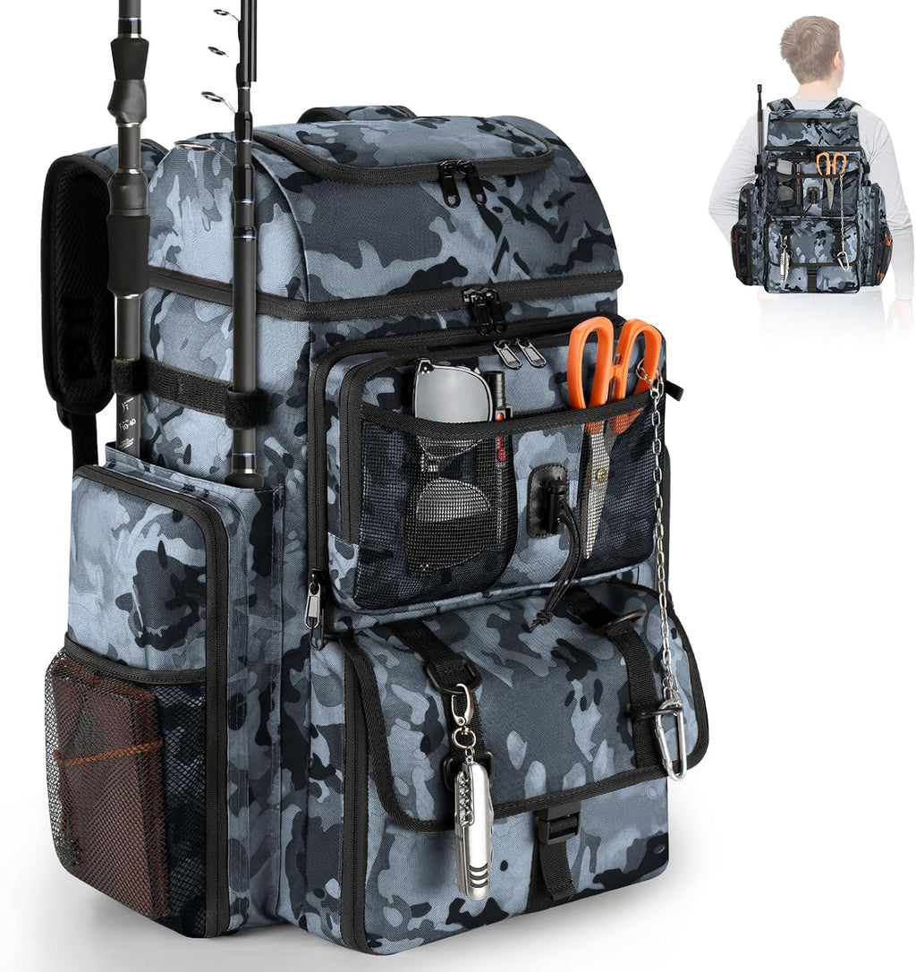VJI 52L Large Fishing Tackle Backpack with Rod Holders, Green Camo