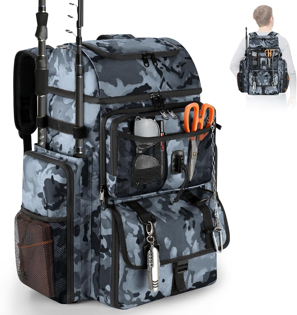 VJI 52L Large Fishing Tackle Backpack with Rod Holders, Green Camo