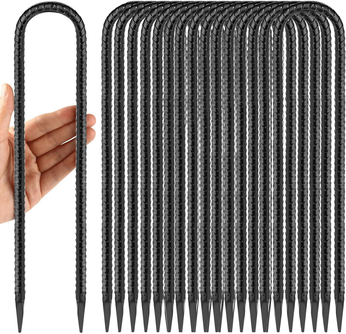 12 Inches Trampoline Wind Stakes, Heavy Duty U Stakes for Ground, 8-Pack Trampoline Tie Down Anchor Kit for Swing Set and Soccer Goal Galvanized Steel Anchors Black