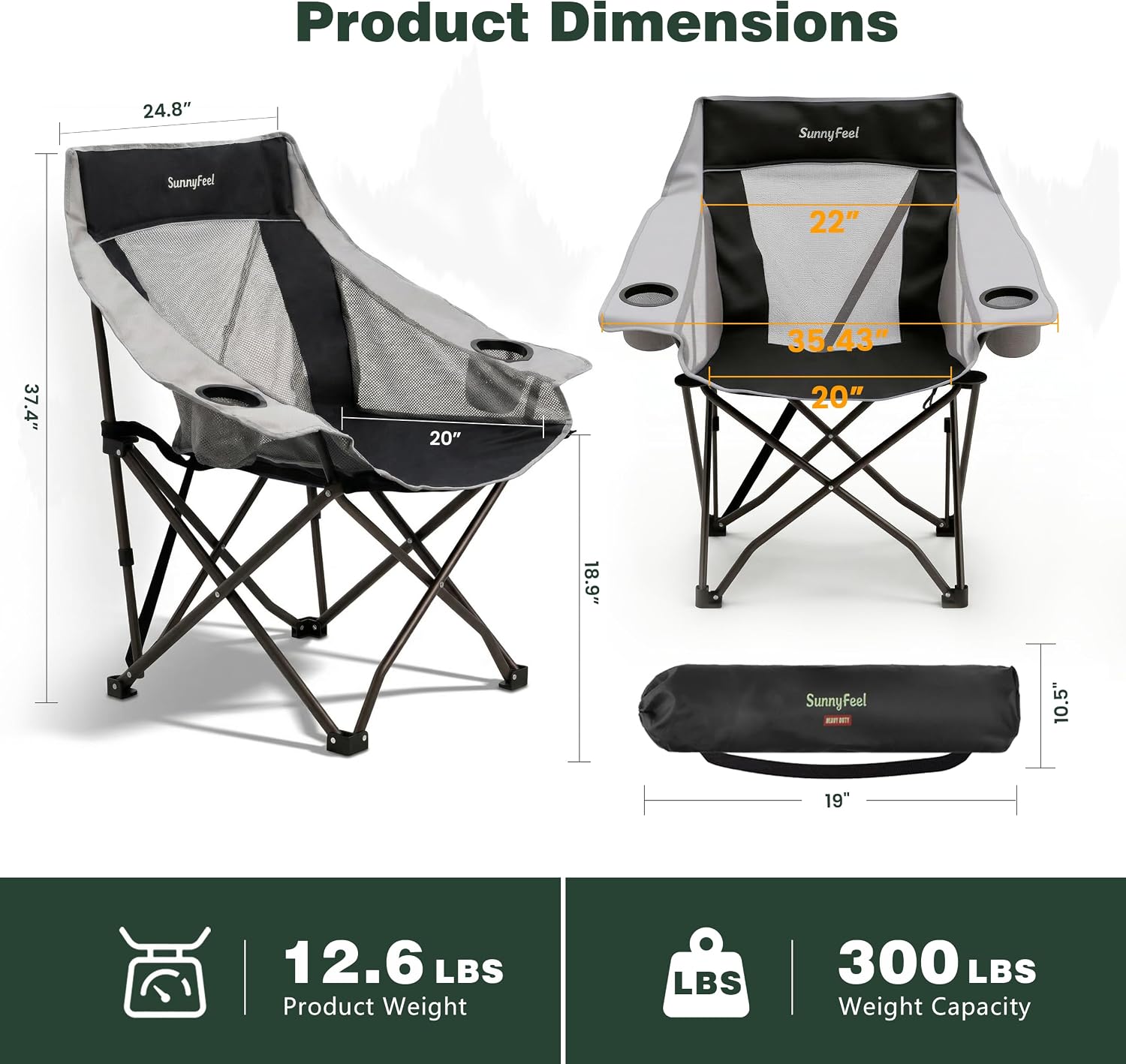 SUNNYFEEL Oversized Camping Chairs for Adults, Heavy Duty Portable Folding Chair with Carry Bag, Side Pockets & Cup Holder, Supports 300 lbs, for Tailgating Hiking Picnic Backyard Black