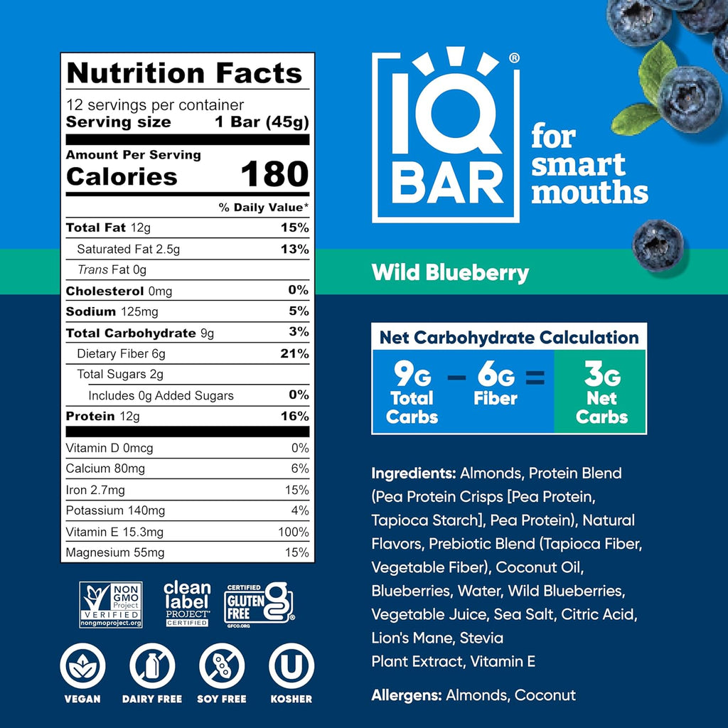IQBAR Clean Protein Bars, Low Sugar Keto, Wild Blueberry 24-Count