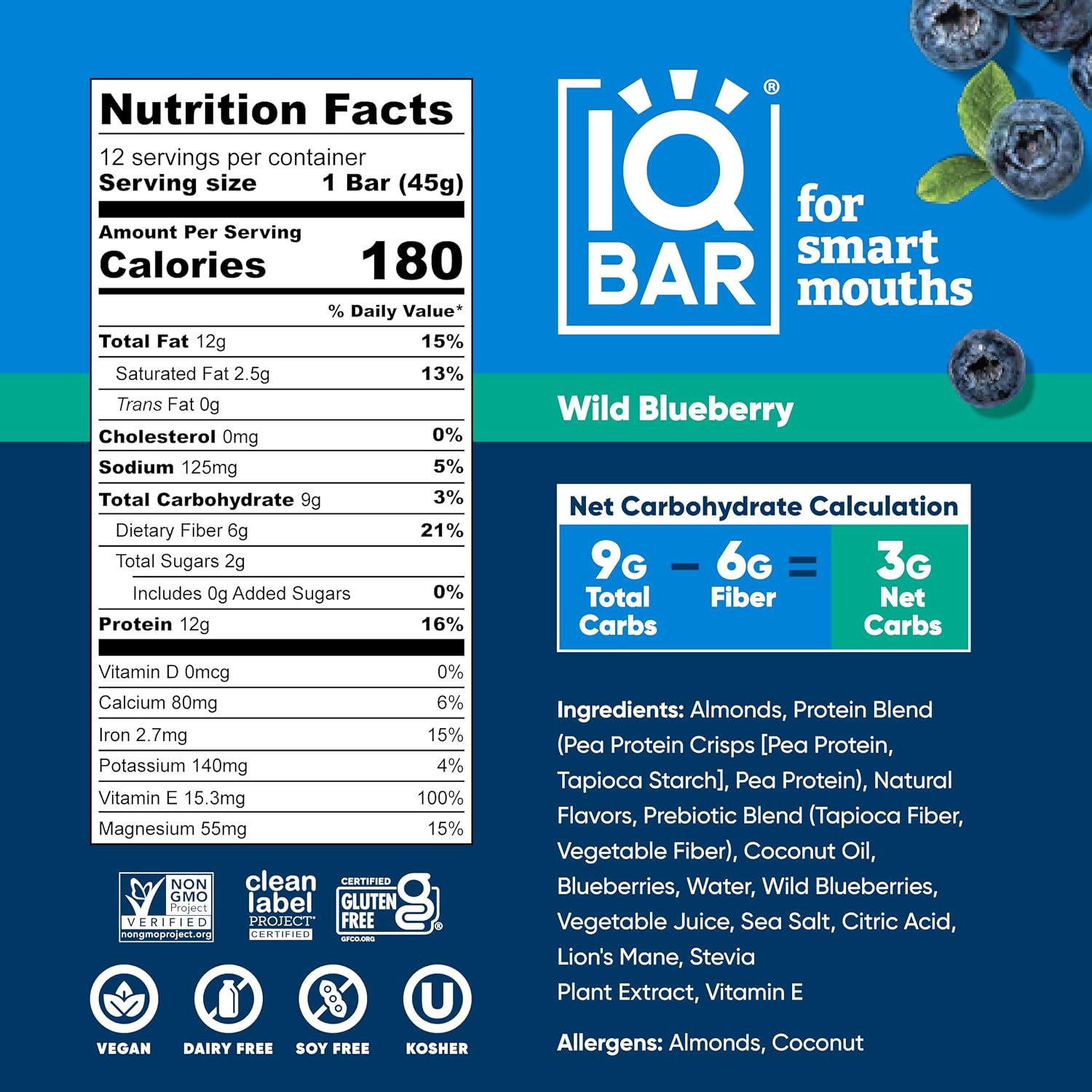 IQBAR Clean Protein Bars, Low Sugar Keto, Wild Blueberry 24-Count