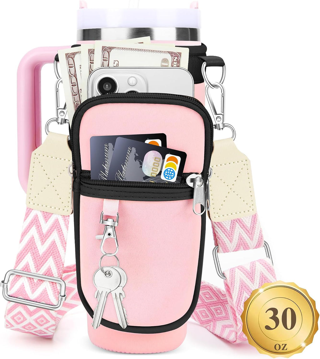Water Bottle Carrier Bag with Canvas Shoulder Strap for Stanley 30 oz Tumbler with Handle, Water Bottle Holder Pouch with 6.7'' Phone Pocket for Stanley Cup Accessories, Birthday Gifts for Men Women