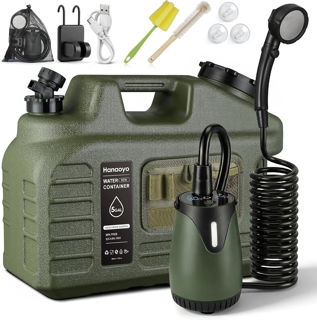 Portable Camping Shower Kit with 5 Gallon Water Jug, 8000mAh Rechargeable Shower Pump IPX8 Waterproof, 5 Pressure Modes, BPA Free Water Container for Camping, Hiking, Beach, Pet Bathing, Car Washing