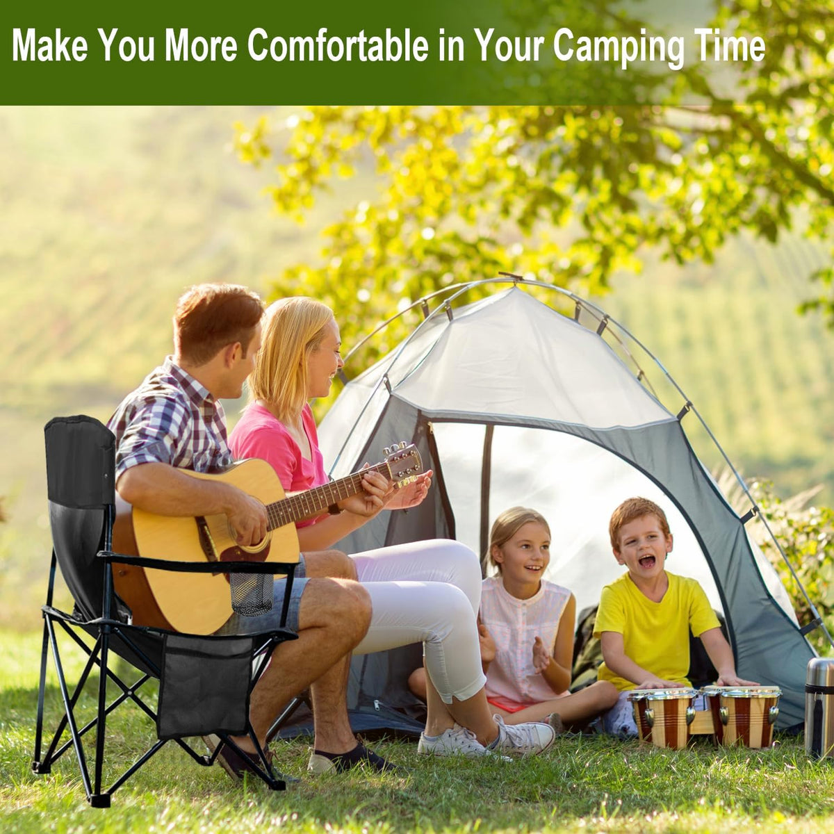 Folding Camping Collapsible Chairs Heavy Duty Lawn Chair with Cooler Bag, Storage Pocket, Waterproof Bag Outdoor Arm Chair, Supports 225LBS, Black