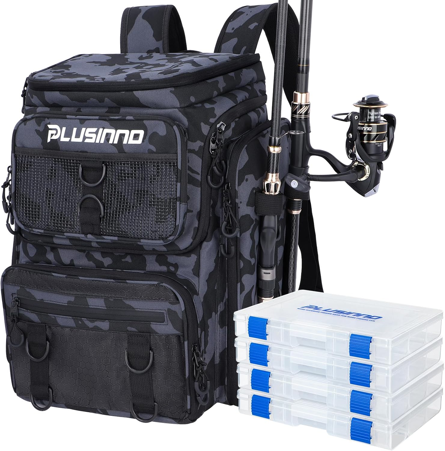 PLUSINNO Fishing Tackle Backpack with Rod Holders，42L Water-resistant Fishing Bag Store Fishing Gear,Fish Gifts For Men.