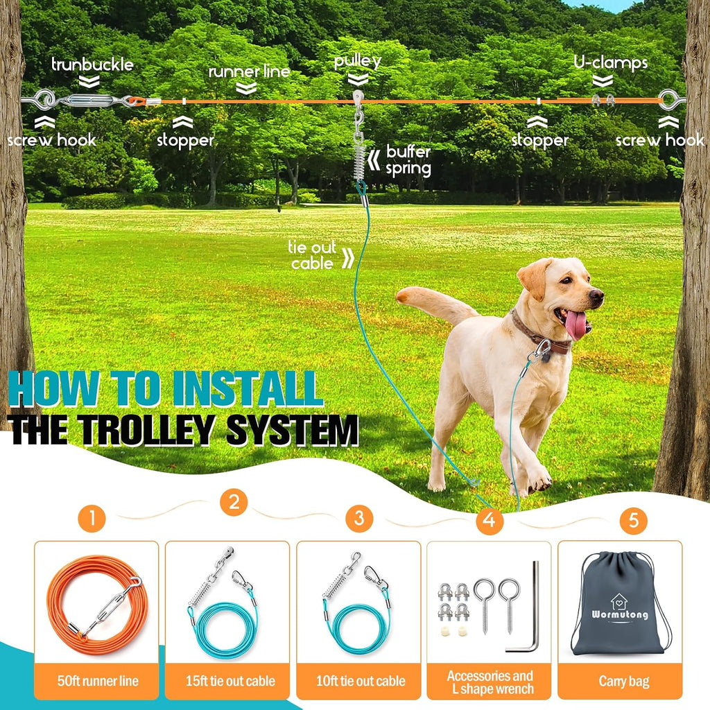 Upgraded Dog Runner for Yard, Heavy Duty Dog Trolley System with 10ft & 15ft Tie Out Cable (Orange+Aqua, 50ft Runner line+(10ft &15ft) tie Out Cable)