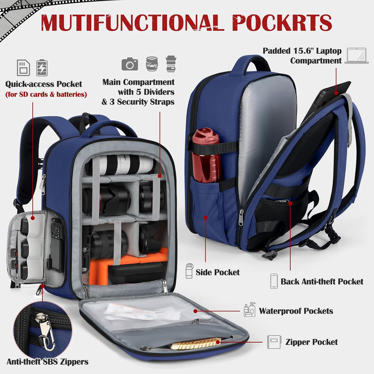 SDYSM Camera Backpack, Large Camera Bag for Photographers Professional DSLR/SLR Mirrorless Camera Case Compatible for Sony Canon Nikon, Blue