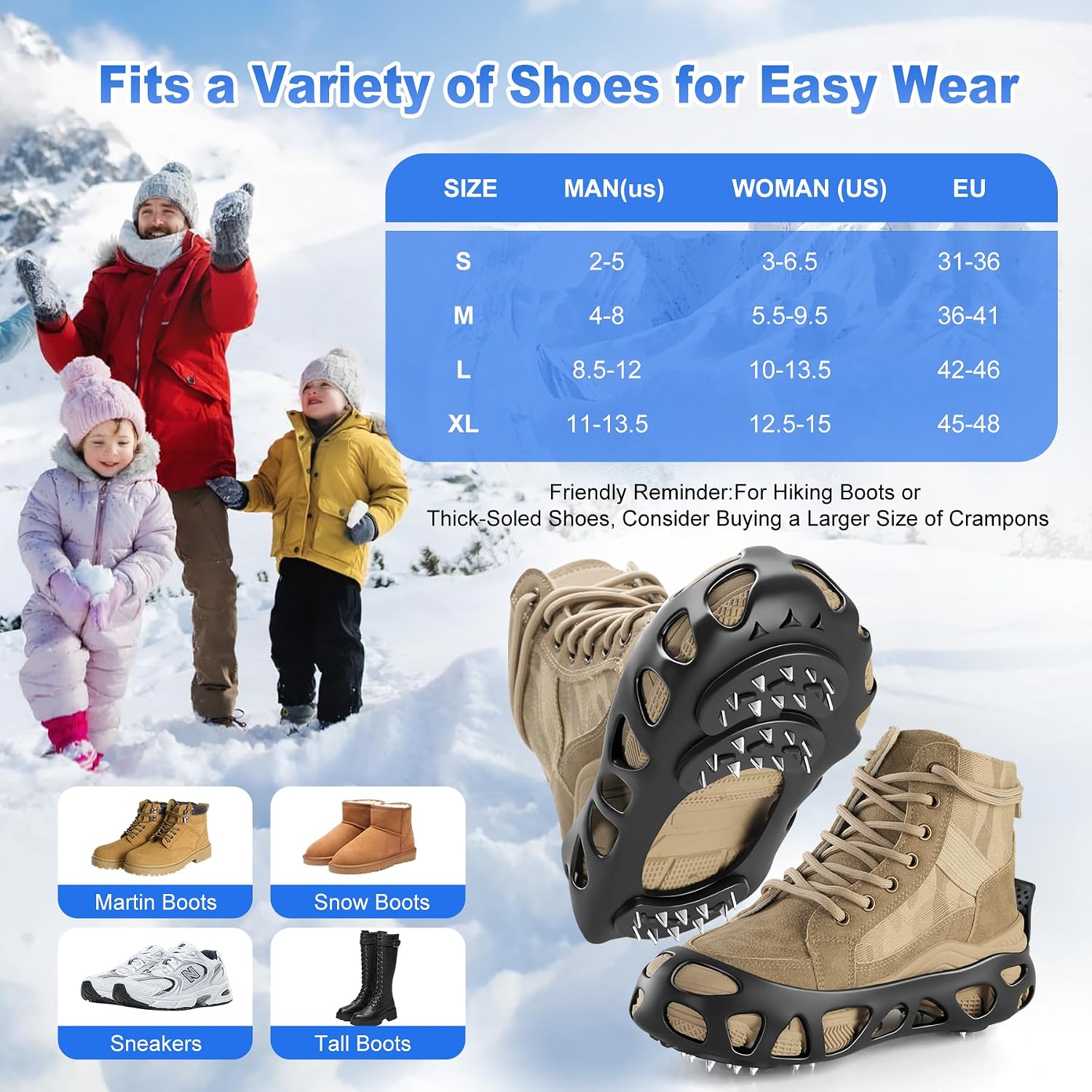 Ice Cleats for Shoes and Boots with 30 Spikes Anti Slip Snow Crampons