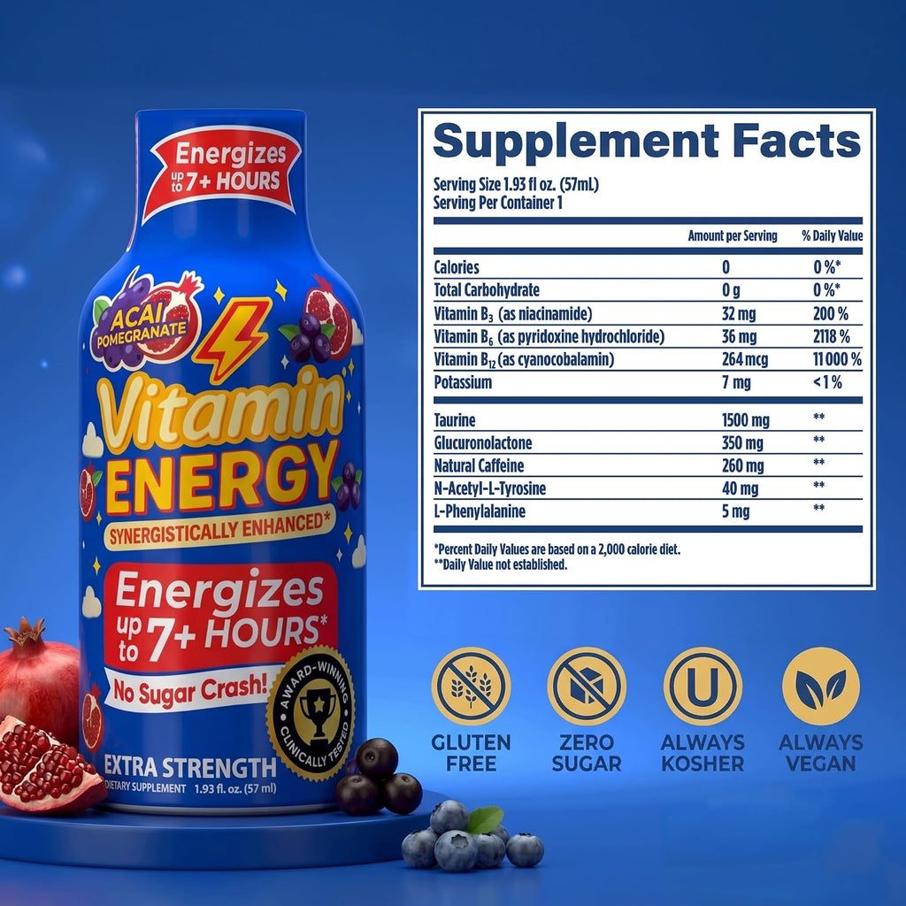 Vitamin Energy Acai Pomegranate Extra Strength Energy Shot, 24 Pack - Up to 7 Hrs, 260mg Natural Caffeine, Zero Sugar - B12 11,000% DV + B6 2,118% DV + Taurine 1,500mg, 1.93 fl oz, Keto Vegan