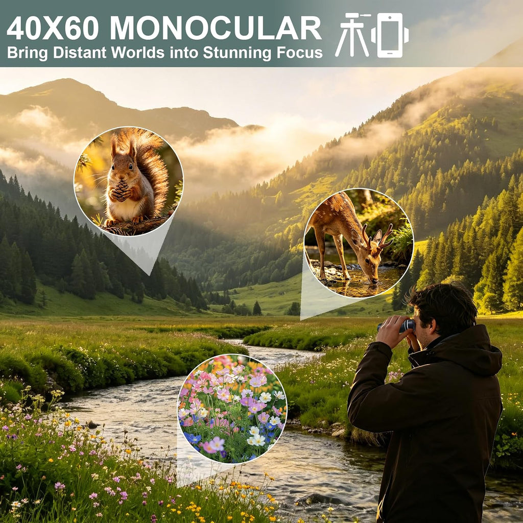 BIBIRE 40x60 Monocular Telescope for Adults High Powered with Phone Adapter