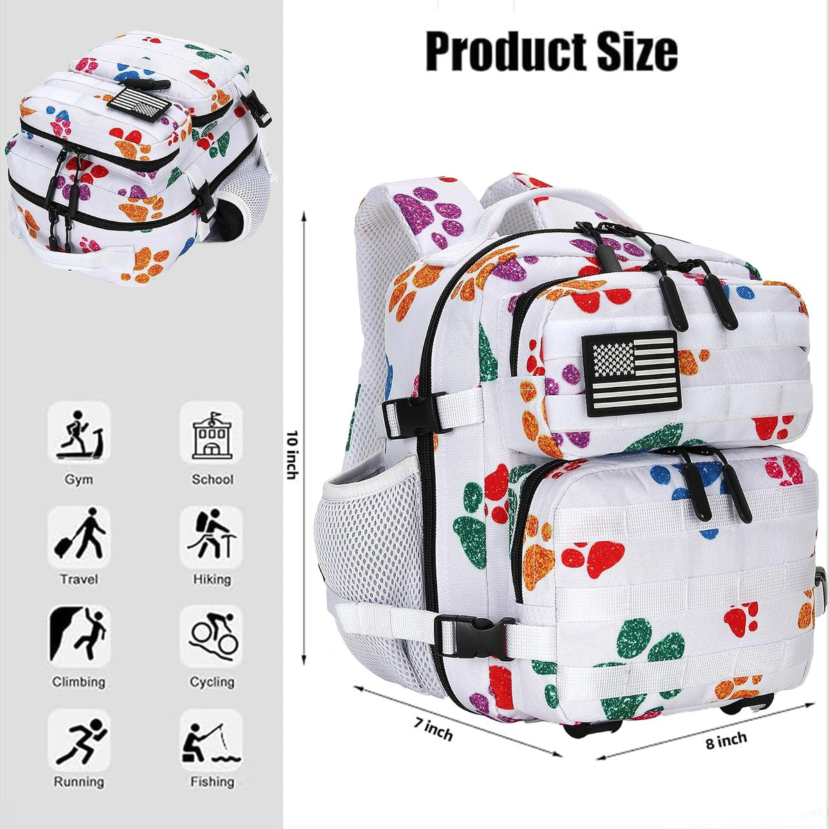 9L Mini Tactical Backpack for Men and Women, Tactical Backpack Small for Hiking, Small Tactical Bag (Colorful Cat's Paw)
