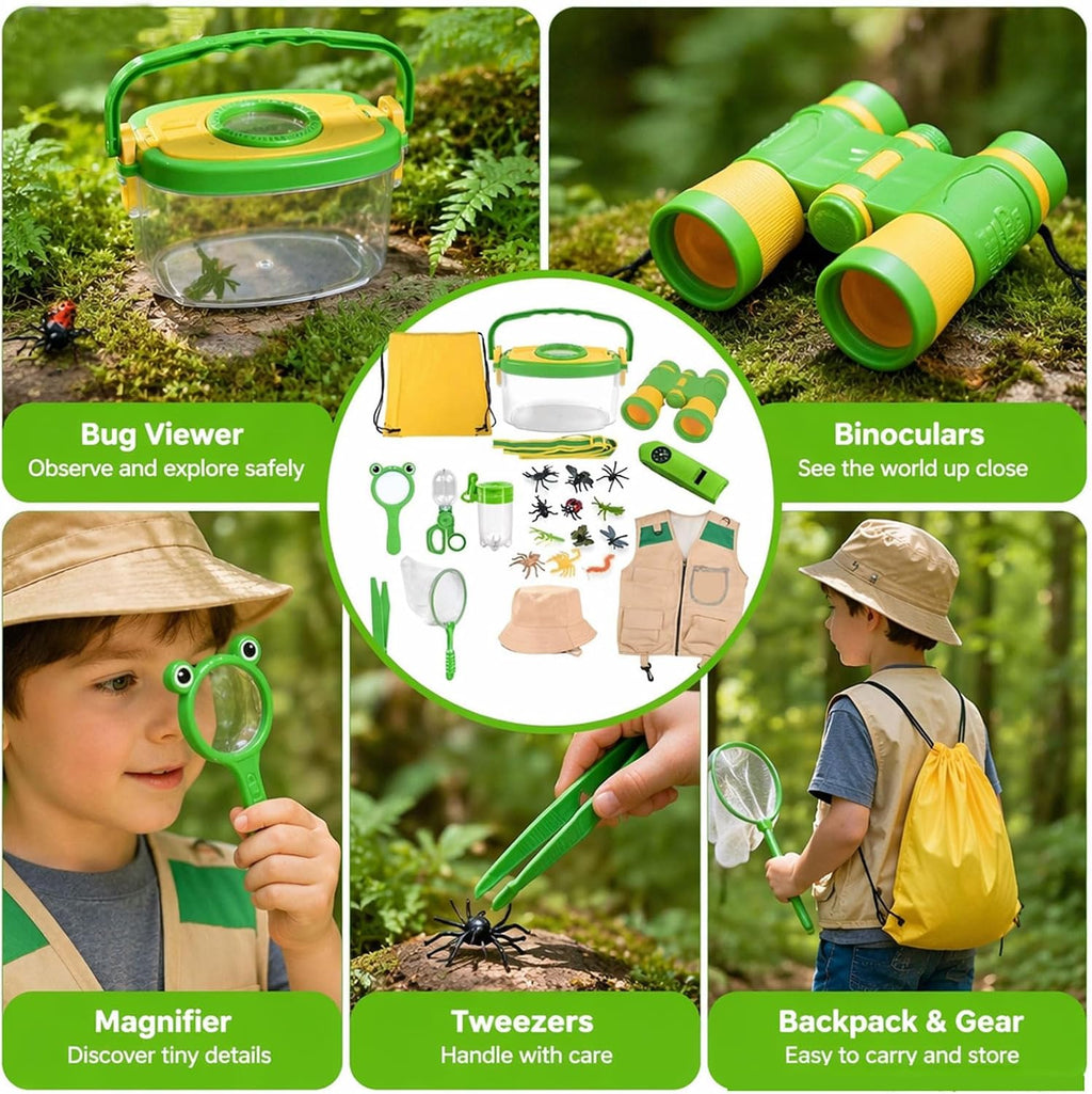 Kids Explorer Kit & Bug Catcher Kit, 23 Pcs Outdoor Adventure Set with Vest & Hat, Binoculars, 12 Insect Figures,Camping Hiking Toys Gift for Boys Girls Age 3-8
