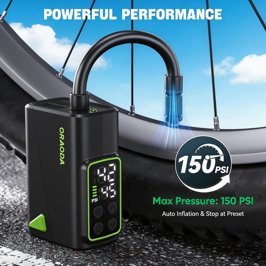 Electric Bike Pump, Fast-Inflation Mini Tire Inflator 150PSI with Gauge, Brushless Motor Rechargeable Cordless Air Pump for Presta & Schrader Valves, for Road/Mountain Bikes, Motorcycles, Balls