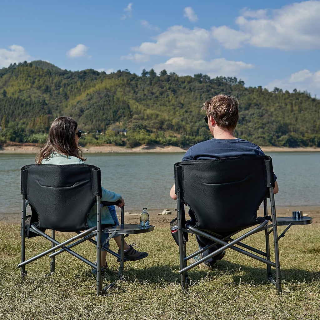 TIMBER RIDGE Aluminum Oversized Camping Chair, Lightweight Portable Directors Chair with Side Table Detachable Side Pocket for Outdoor Camping, Lawn, Picnic, Support 400lbs Black 2 Pack