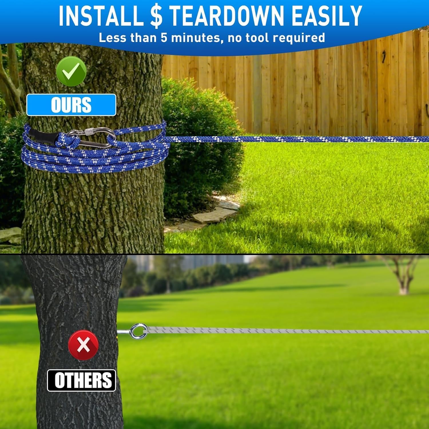 50ft Dog Tie Out Cable Holds 350lbs Dog Runner for Yard Camping Outdoor