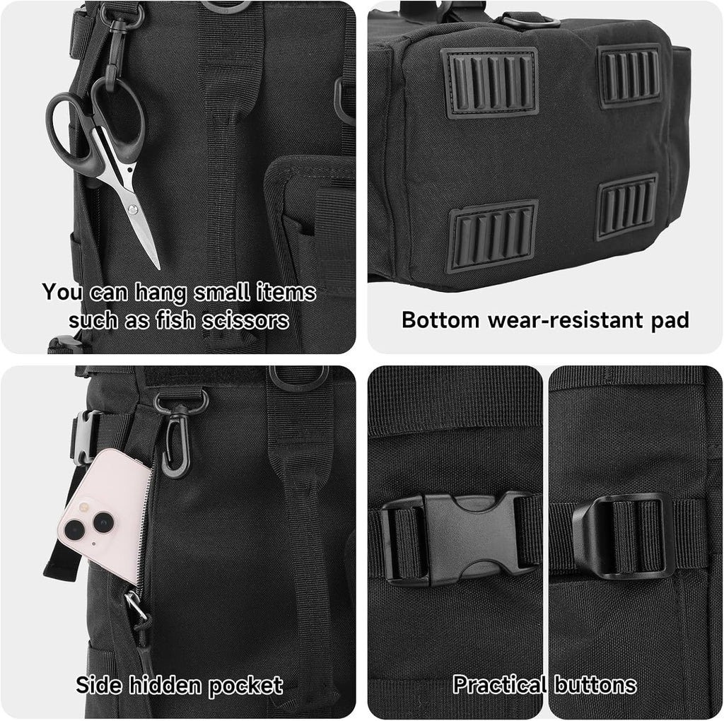 KOMCLUB Black Fishing Sling Tackle Storage Backpack, Large with Rain Cover‌