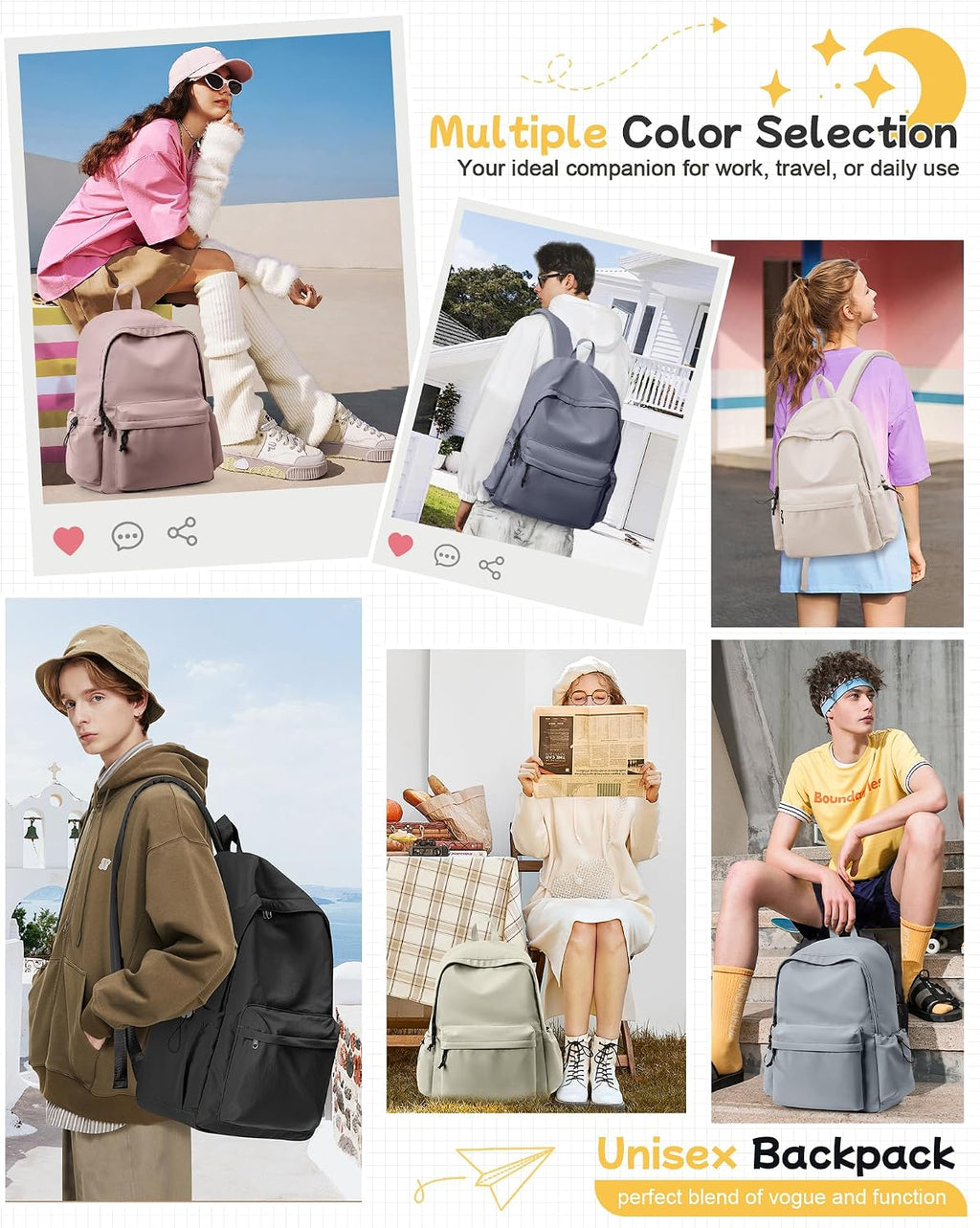 Black School Backpack for Women Men, Middle High School Bag for Girls Boys