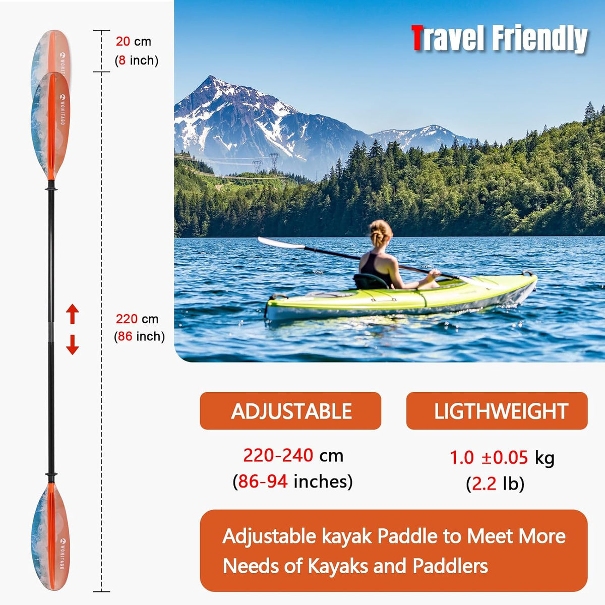 Adjustable Kayak Paddle, Fiberglass Shaft and Reinforced PP Blade