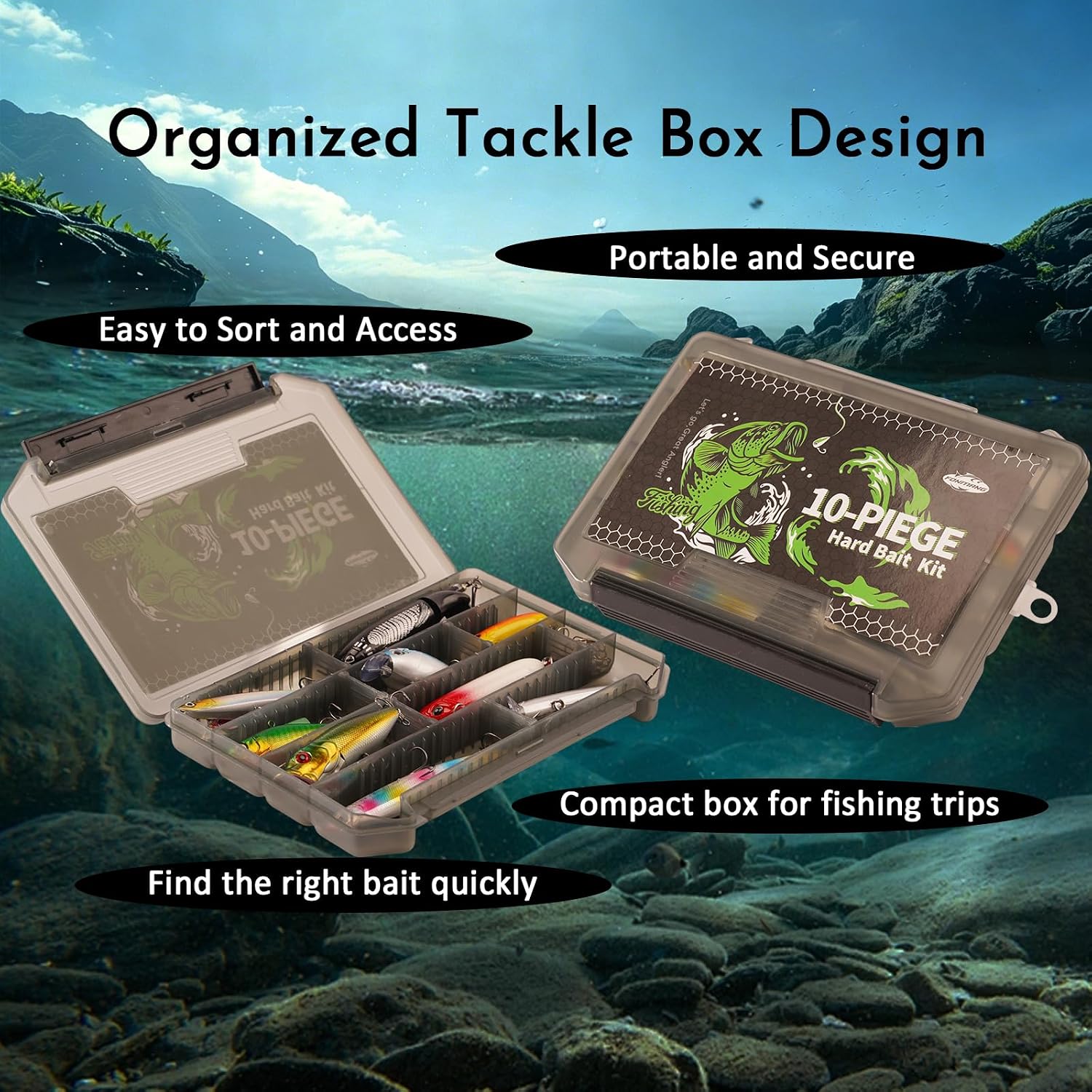FONMANG Fishing Lures - Tackle Box with Tackle Included, Fishing Kit with VIBs, Frogs, Minnows, Soft Baits, Hooks & Weights Accessories, Freshwater Lure Kit for Bass Walleye Trout