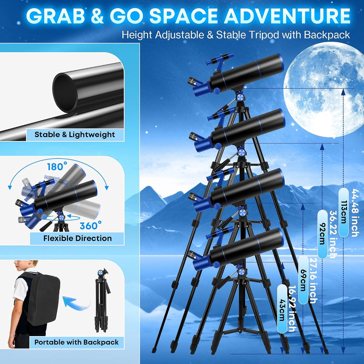 Hawkko Portable Telescope for Kids & Beginners 80mm Aperture 500mm