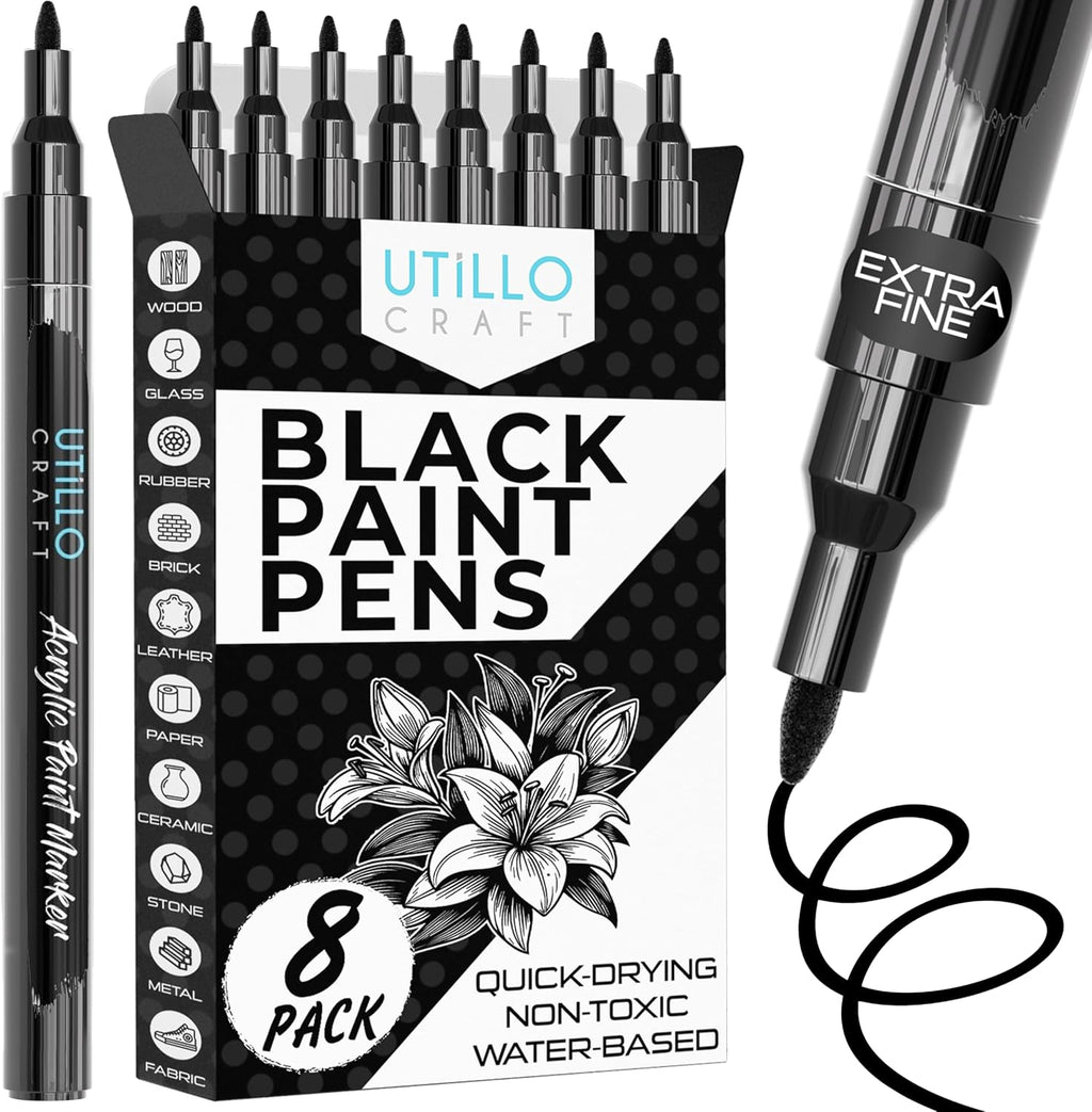 Utillo Craft Black Paint Pen (8-Pack), 0.7mm Extra Fine Black Paint Markers